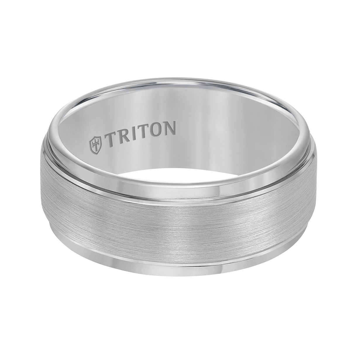 9mm White Tungsten Carbide Brush Finish Flat with Bright Step Edge Comfort Fit Band.