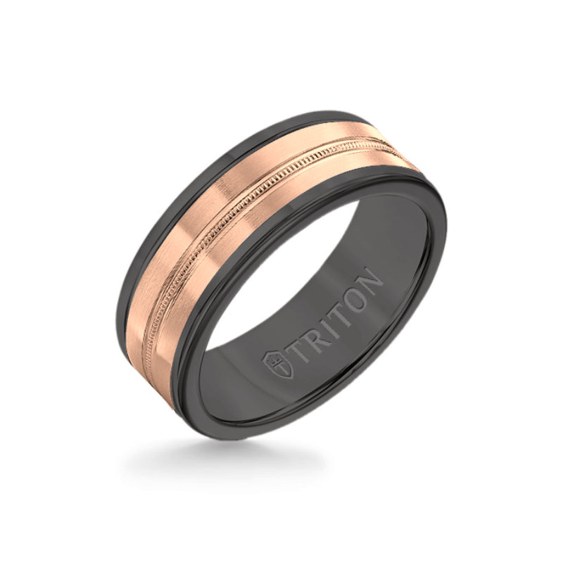 Triton 8MM Black Tungsten Carbide Ring - Center Milgrain 14K Rose Gold Insert with Round Edge