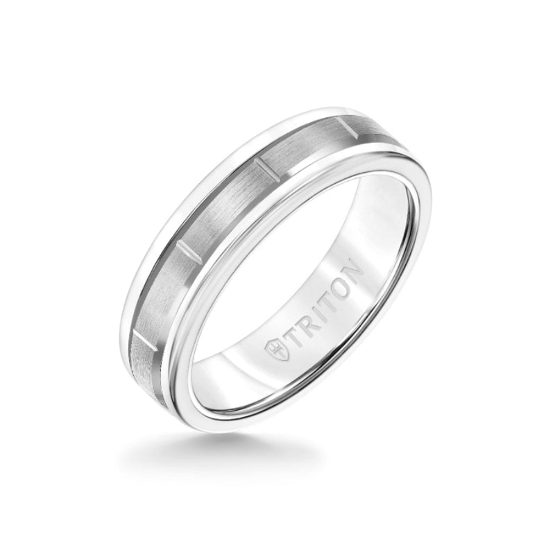 Triton 6MM White Tungsten Carbide Ring - Vertical Cut 14K White Gold insert with Round Edge
