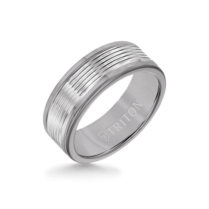 Triton 8MM Grey Tungsten Carbide Ring - Serrated Engraved 14K White Insert with Round Edge