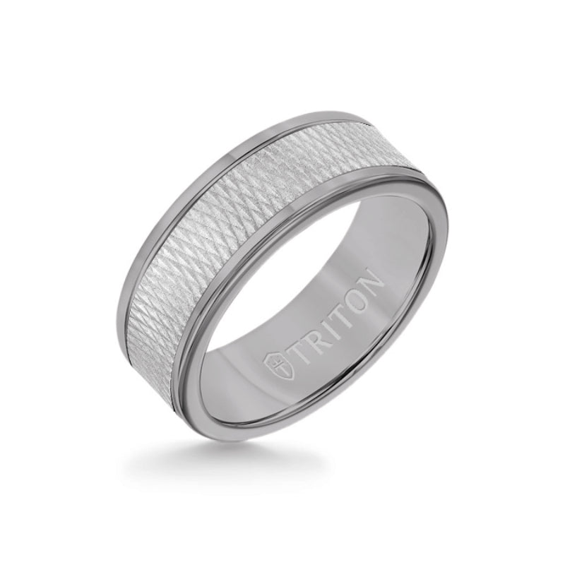 Triton 8MM Grey Tungsten Carbide Ring - Criss Cross 14K White Gold Insert with Round Edge
