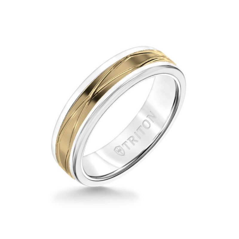 Triton 6MM White Tungsten Carbide Ring - Oblong Infinity 14K Yellow Gold Insert with Round Edge