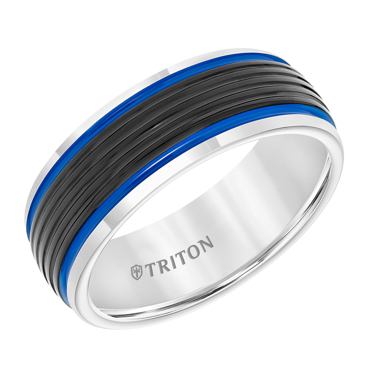 8MM Black & White Domed Tungsten Carbide Band with Ribbed Center, Fire Red Stripes and Bright Rims