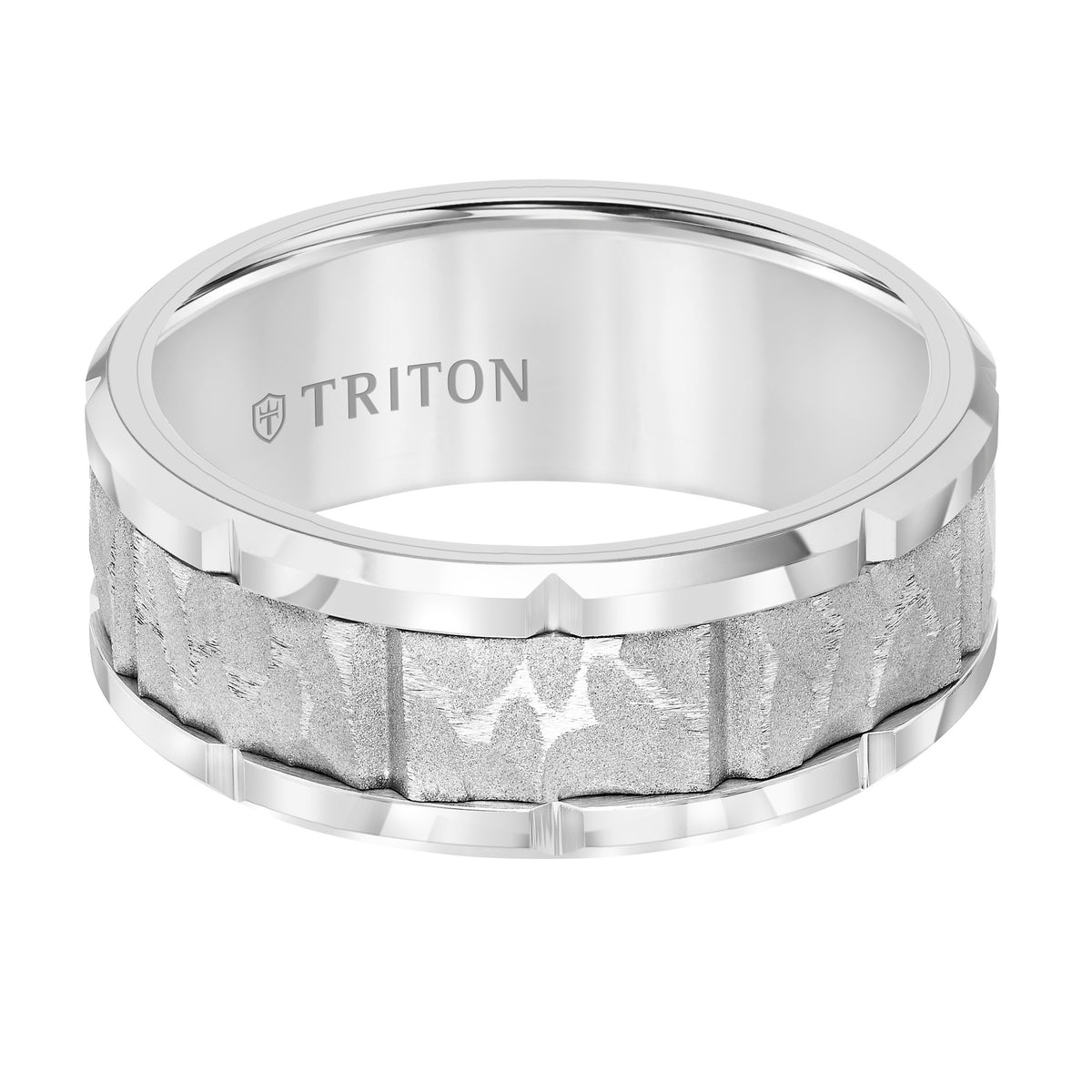 9MM Tungsten Carbide Comfort Fit Men's White Band with Gray Sand Blasted Textured Center with Vertical Cuts and Bright Cut Rims