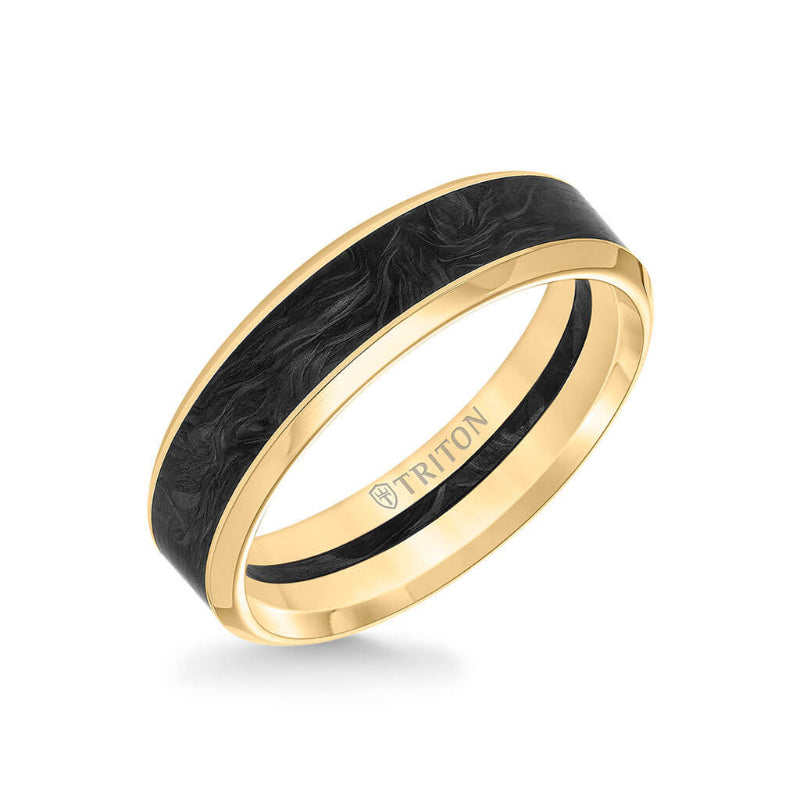 Triton 6MM 14K Gold Ring + Forged Carbon - Channel Center & Bevel Edge