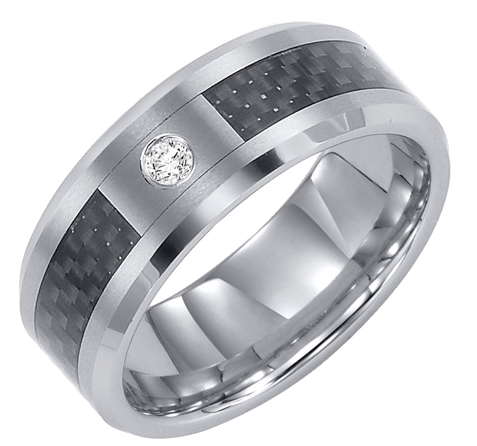 8mm Tungsten carbide Bevel Edge comfort fit diamond band with black carbon fiber inlay