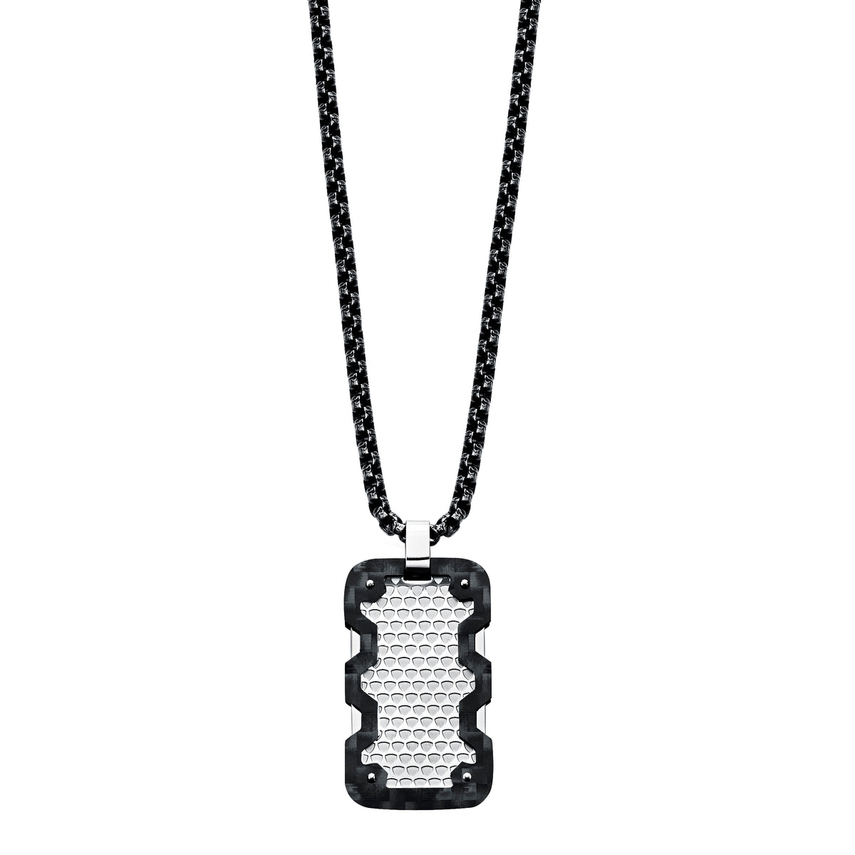 Black 3K Carbon Fiber Precision Machined 2-Sided Frame & Triangular Shield Textured 316L Stainless Steel Tag & Black Diamond Accent