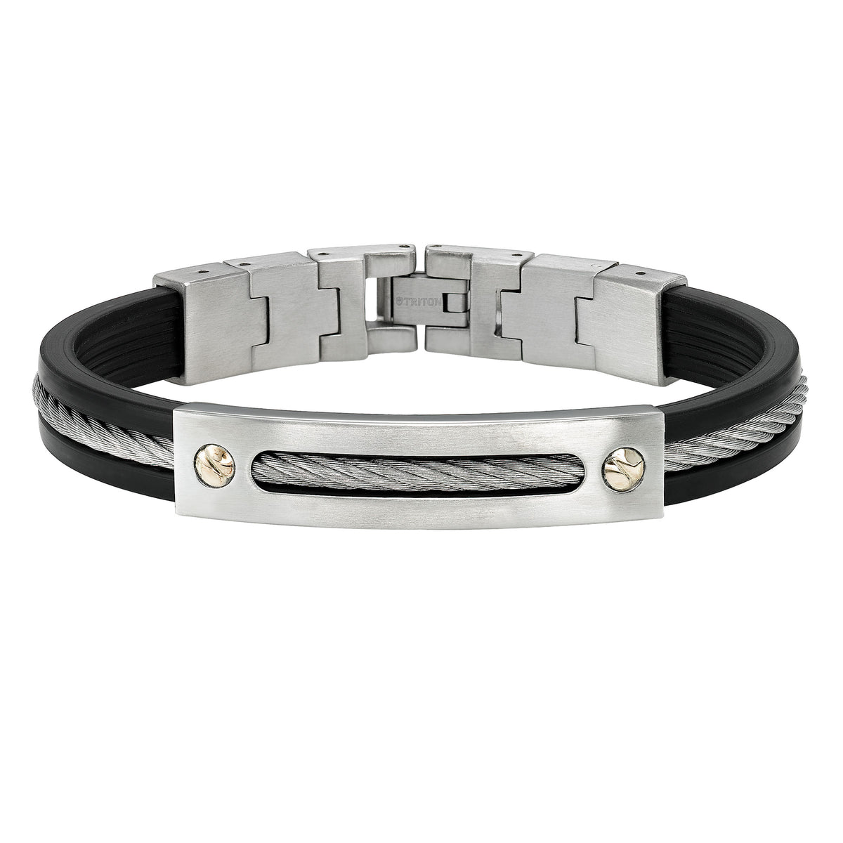 Stainless steel and rubber bracelet with cable inlay and 14K gold screw plate accent
