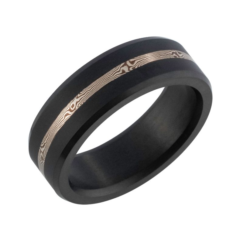 Elysium Ares Matte 14K Yellow Gold Mokume Inlay Beveled 8mm Black Pressed Diamond Wedding Band