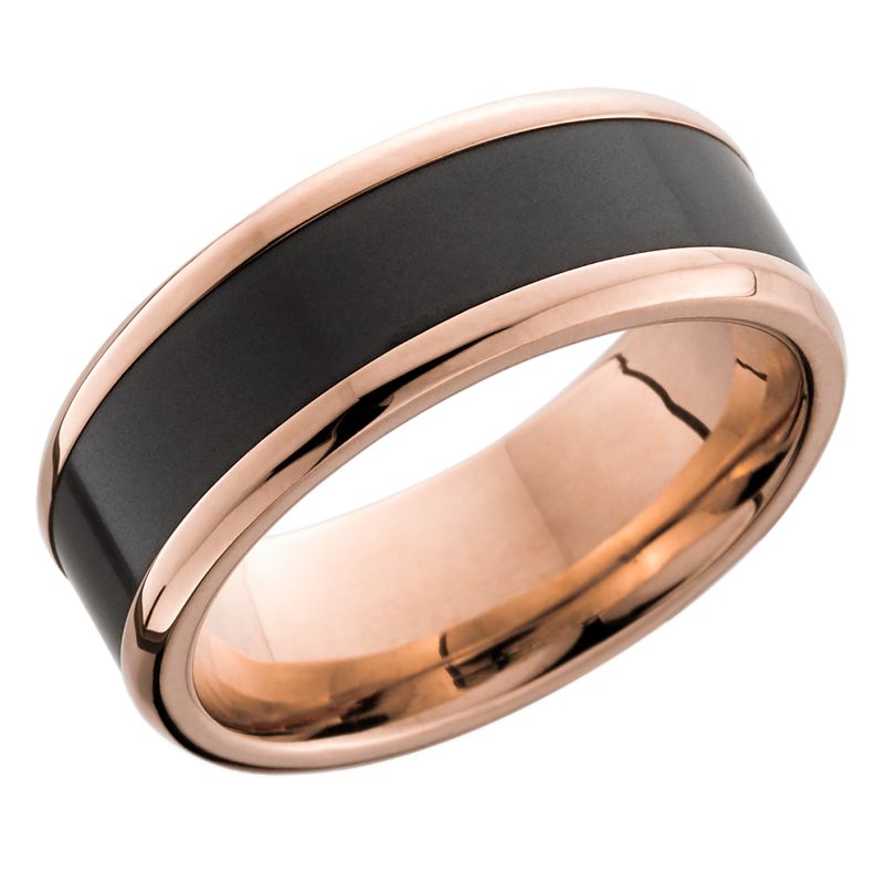 Elysium Kratos Polished Reverse Inlay Rose Gold Rounded 8mm Black Pressed Diamond Wedding Band