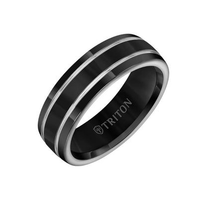 Triton 7MM Titanium Ring - Domed Black Satin Center and Bevel Edge