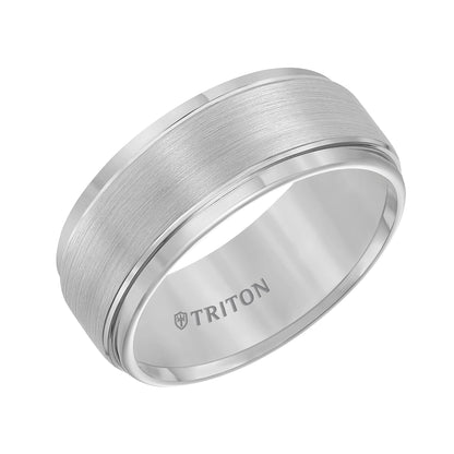 9mm White Tungsten Carbide Brush Finish Flat with Bright Step Edge Comfort Fit Band.