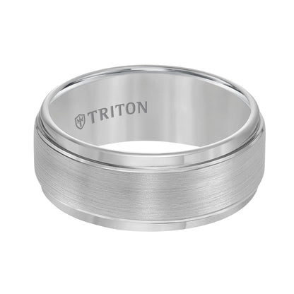 9mm Gray Tungsten Carbide Brush Finish Flat with Bright Step Edge Comfort Fit Band.