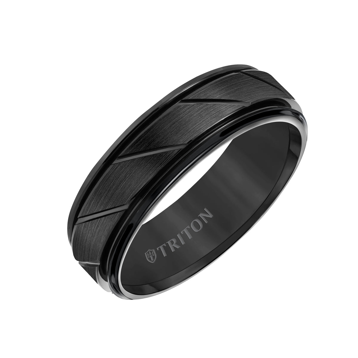 7mm Black Tungsten Carbide Flat Satin Finish Center with Bright Diagonal Cuts and Rims Comfort Fit Band