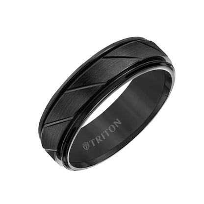 7mm Black Tungsten Carbide Flat Satin Finish Center with Bright Diagonal Cuts and Rims Comfort Fit Band
