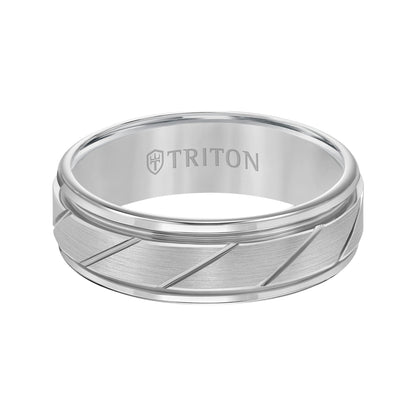 7mm White Tungsten Carbide Flat Satin Finish Center with Bright Diagonal Cuts and Rims Comfort Fit Band