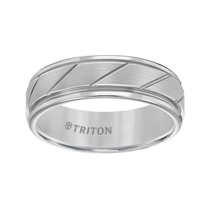 7mm White Tungsten Carbide Flat Satin Finish Center with Bright Diagonal Cuts and Rims Comfort Fit Band