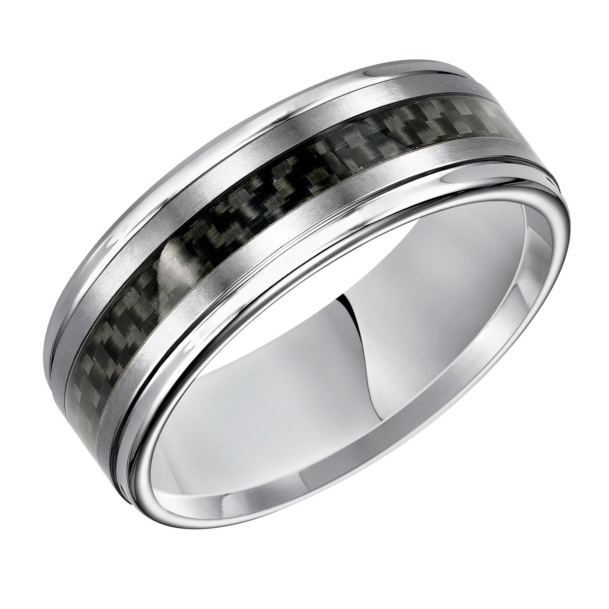 8mm Tungsten Carbide Step Edge Comfort Fit Band with Black Carbon Fiber Inlay