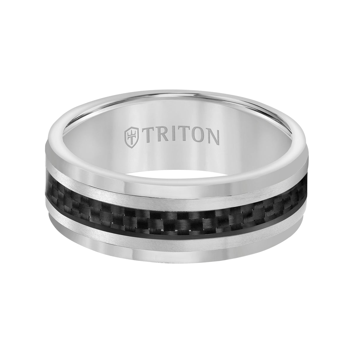 8mm Tungsten Carbide Step Edge Comfort Fit Band with Black Carbon Fiber Inlay