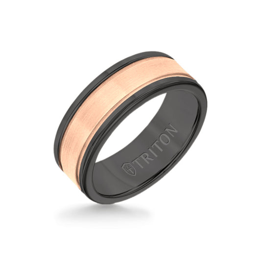 Triton 8MM Black Tungsten Carbide Ring - Step Edge 14K Rose Gold Insert with Round Edge