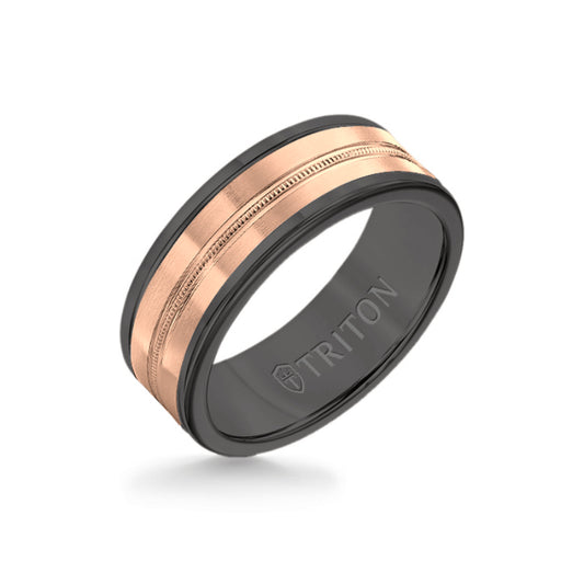 Triton 8MM Black Tungsten Carbide Ring - Center Milgrain 14K Rose Gold Insert with Round Edge