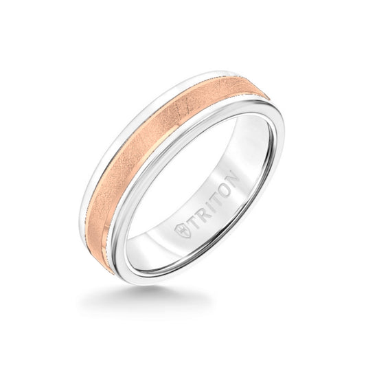 Triton 6MM White Tungsten Carbide Ring - Crystalline 14K Rose Gold Insert with Round Edge