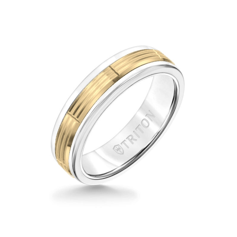 Triton 6MM White Tungsten Carbide Ring - Serrated Vertical Cut 14K Yellow Gold Insert with Round Edge