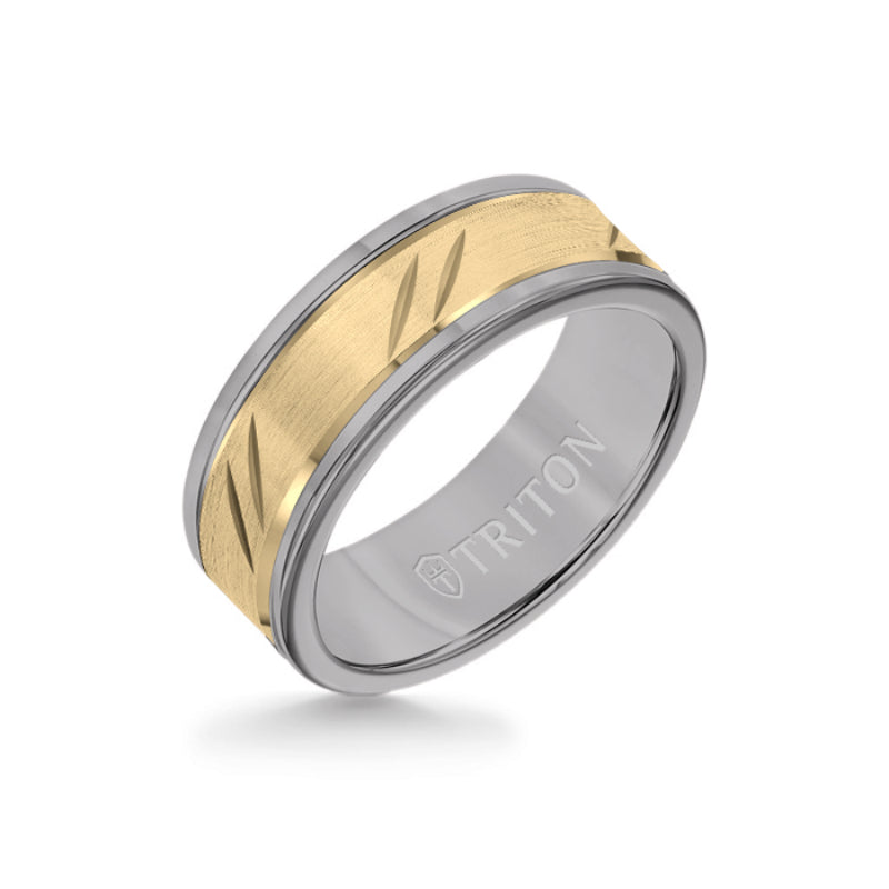 Triton 8MM Grey Tungsten Carbide Ring - Bevel Diagonal Cut 14K Yellow Gold Insert with Round Edge