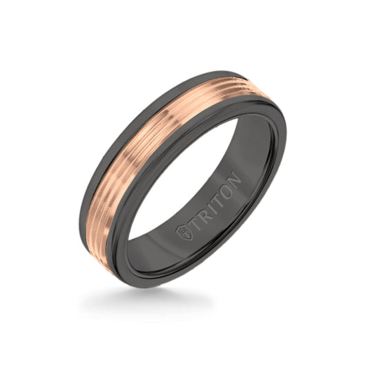 Triton 6MM Black Tungsten Carbide Ring - Serrated Engraved 14K Rose Gold Insert with Round Edge