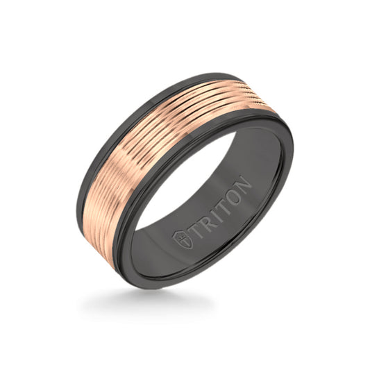Triton 8MM Black Tungsten Carbide Ring - Serrated Engraved 14K Rose Insert with Round Edge