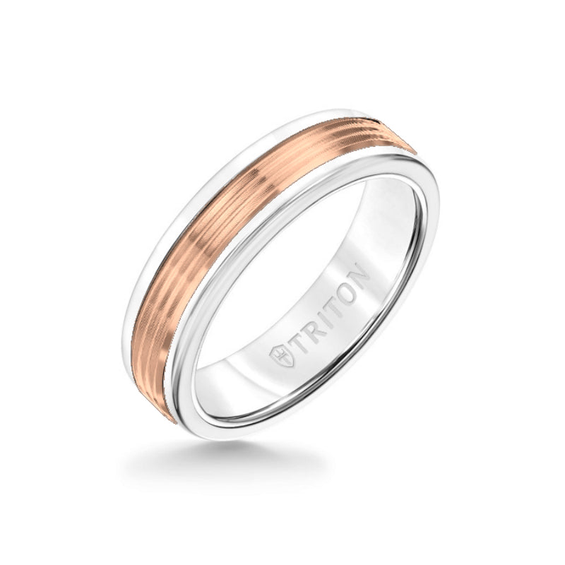 Triton 6MM White Tungsten Carbide Ring - Serrated Engraved 14K Rose Gold Insert with Round Edge