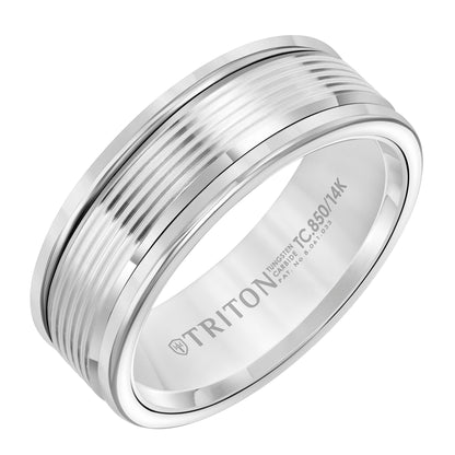 8mm Band with Classic Tungsten Exterior and Serrated Engraved 14K White Gold Core