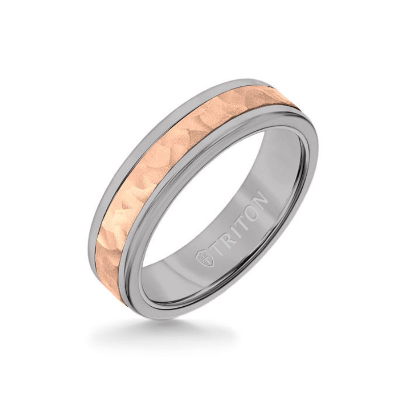 Triton 6MM Grey Tungsten Carbide Ring - Hammered 14K Rose Gold Insert with Round Edge