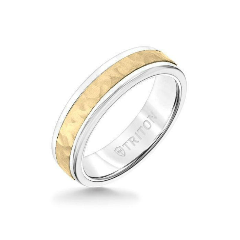 Triton 6MM White Tungsten Carbide Ring - Hammered 14K Yellow Gold Insert with Round Edge