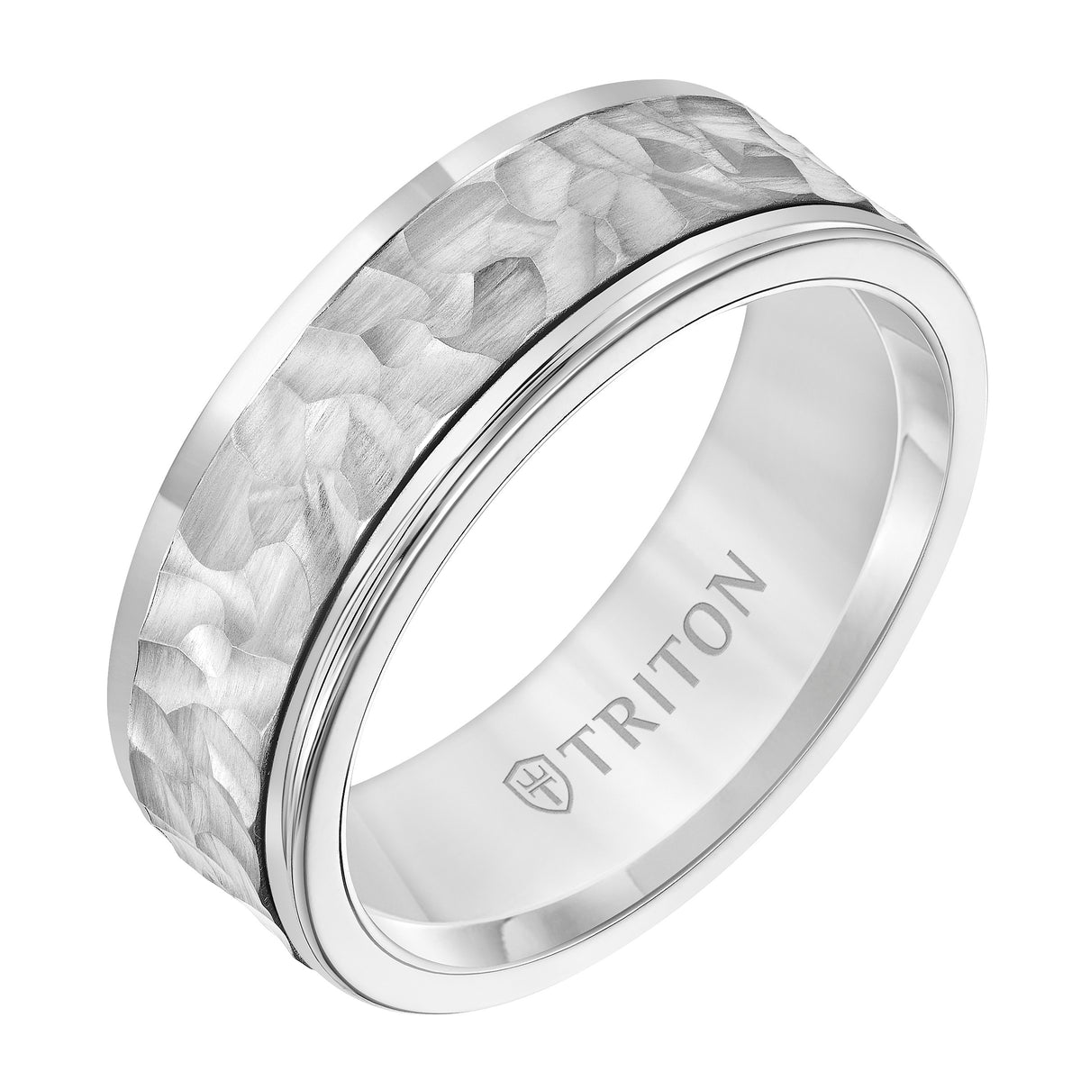 8mm White Tungsten Carbide Ring with 14kt White Gold Hammered  Center
