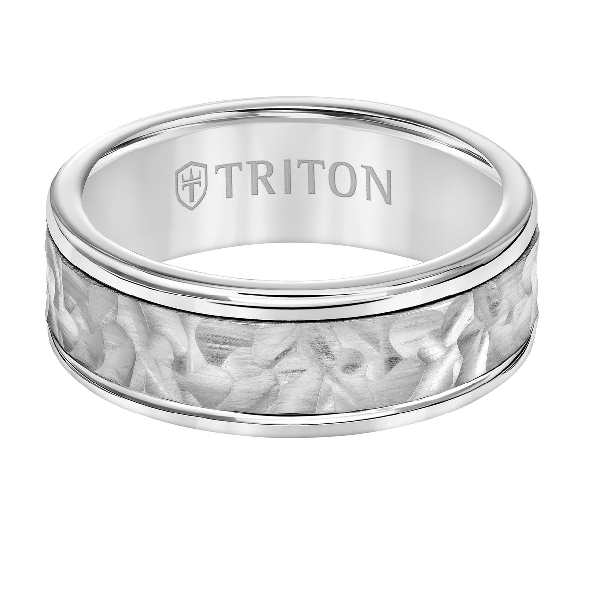8mm White Tungsten Carbide Ring with 14kt White Gold Hammered  Center