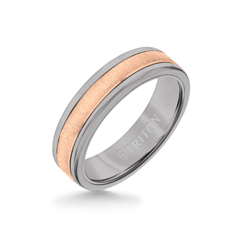 Triton 6MM Grey Tungsten Carbide Ring - Vertical Satin 14K Rose Gold Insert with Round Edge