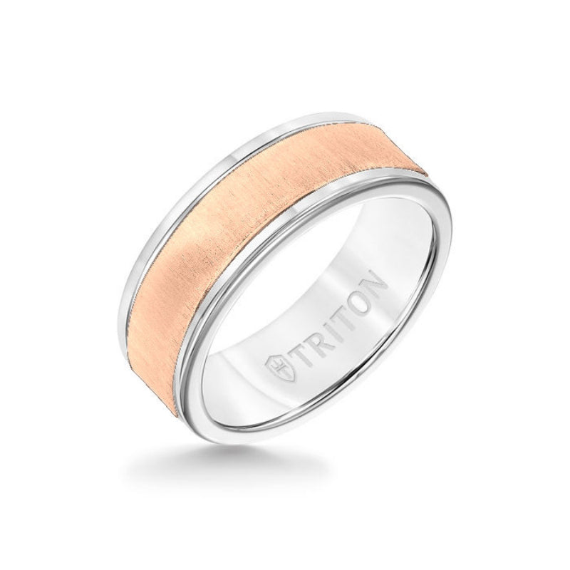 Triton 8MM White Tungsten Carbide Ring - Vertical Satin 14K Rose Gold Insert with Round Edge