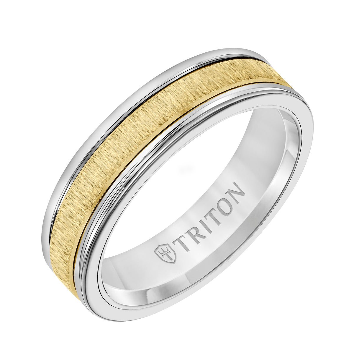 6mm White Tungsten Carbide Ring with 14kt Yellow Gold Vertical Satin Center
