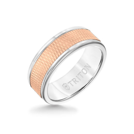 Triton 8MM White Tungsten Carbide Ring - Criss Cross 14K Rose Gold Insert with Round Edge