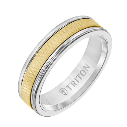 6mm White Tungsten Carbide Ring with 14kt Yellow Gold Criss Cross Pattern Center
