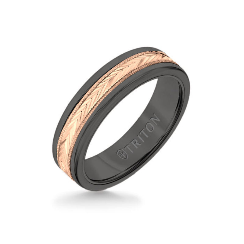 Triton 6MM Black Tungsten Carbide Ring - Herringbone 14K Rose Gold Insert with Round Edge