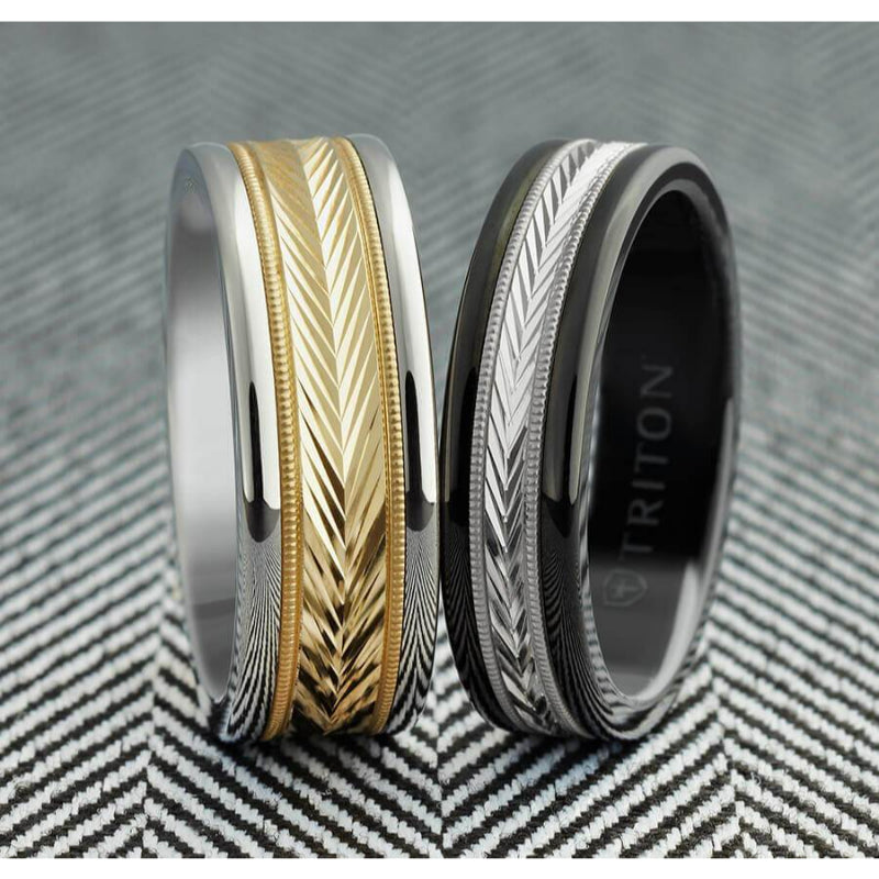 Triton 6MM White Tungsten Carbide Ring - Herringbone 14K Rose Gold Insert with Round Edge