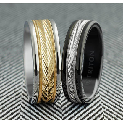 Triton 6MM White Tungsten Carbide Ring - Herringbone 14K Rose Gold Insert with Round Edge