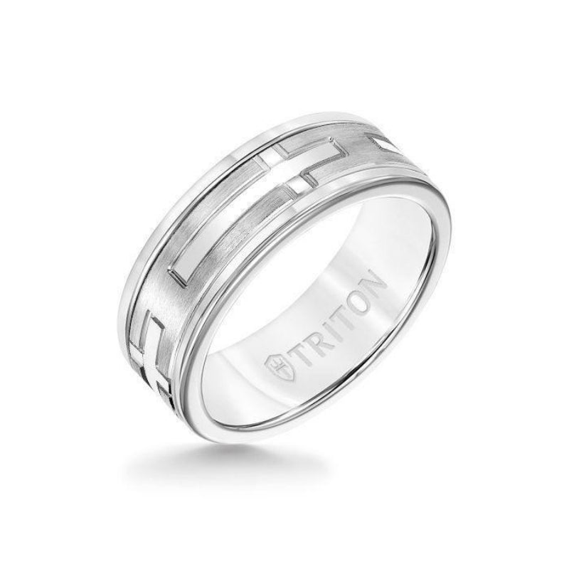 Triton 8MM White Tungsten Carbide Ring - Religious 14K White Gold Insert with Round Edge