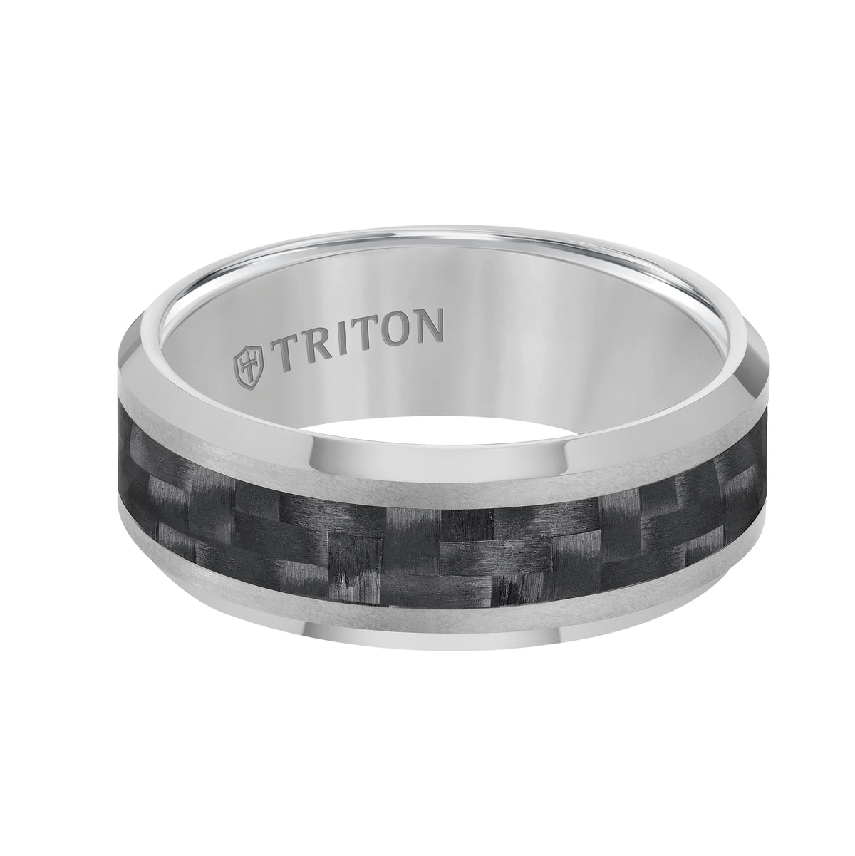 8mm Tungsten Carbide Bevel Edge Comfort Fit Band with Black Carbon Fiber Inlay
