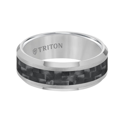 8mm Tungsten Carbide Bevel Edge Comfort Fit Band with Black Carbon Fiber Inlay