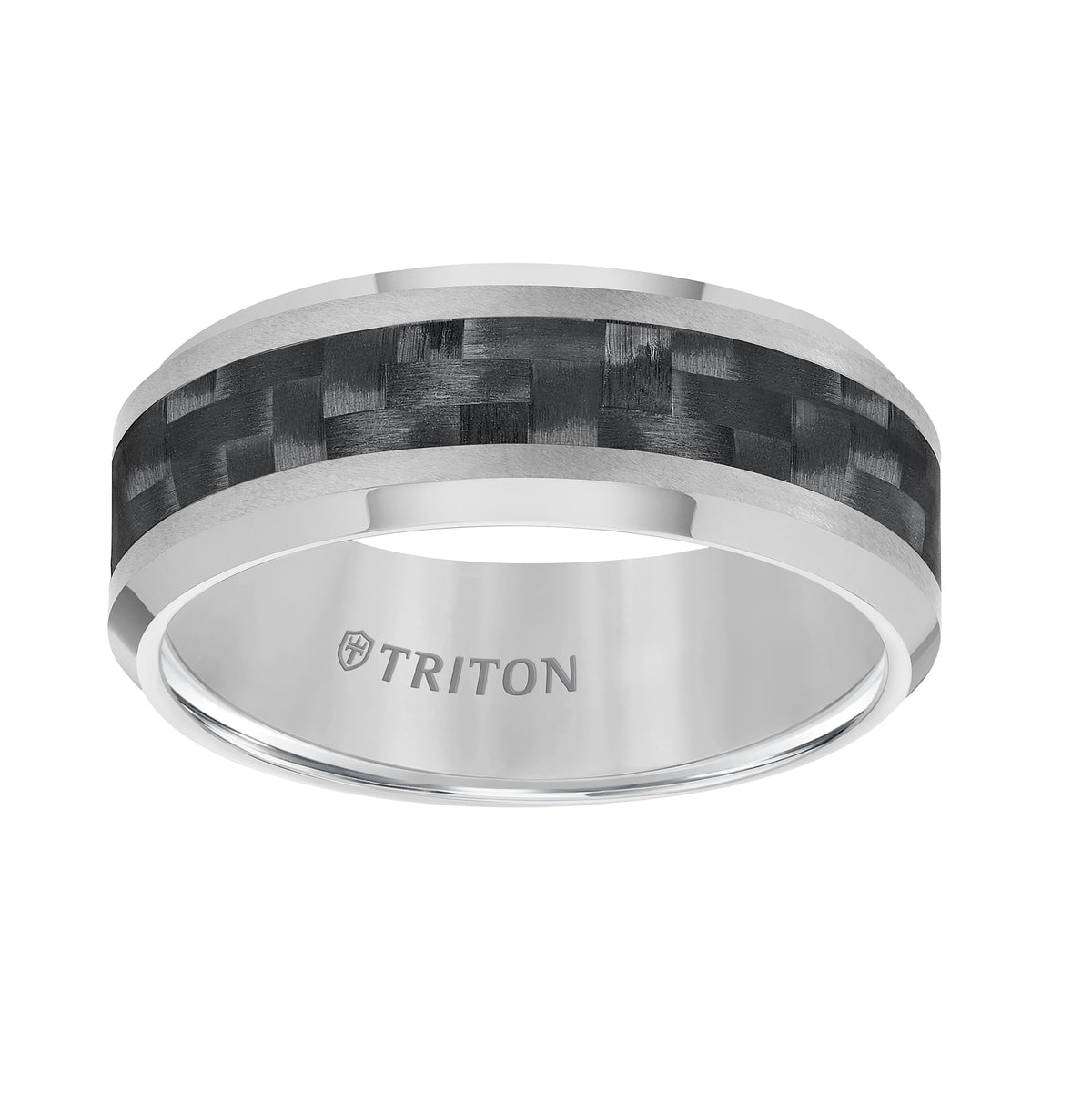 8mm Tungsten Carbide Bevel Edge Comfort Fit Band with Black Carbon Fiber Inlay