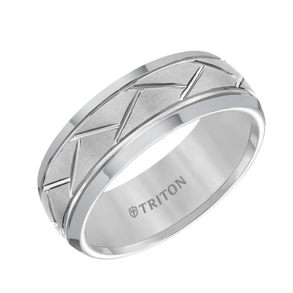 8mm Black Tungsten Carbide Domed Comfort Fit Band with alternating diagonal cuts and horizontal brush finish.