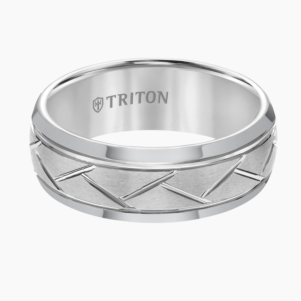 8mm Black Tungsten Carbide Domed Comfort Fit Band with alternating diagonal cuts and horizontal brush finish.